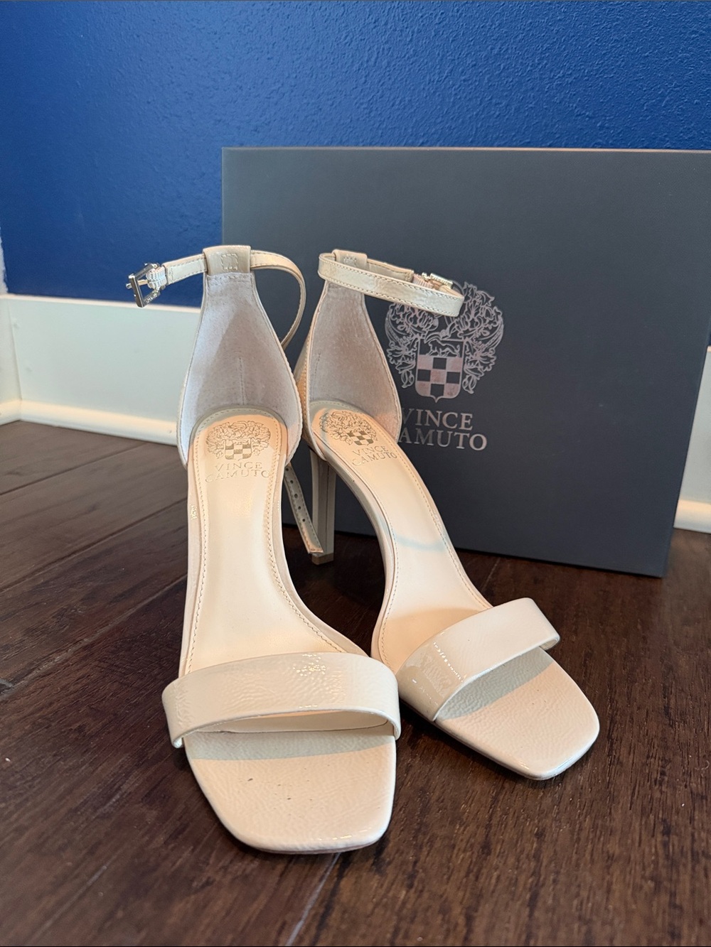 Vince Camuto Nude Patent Ankle-Strap Heels